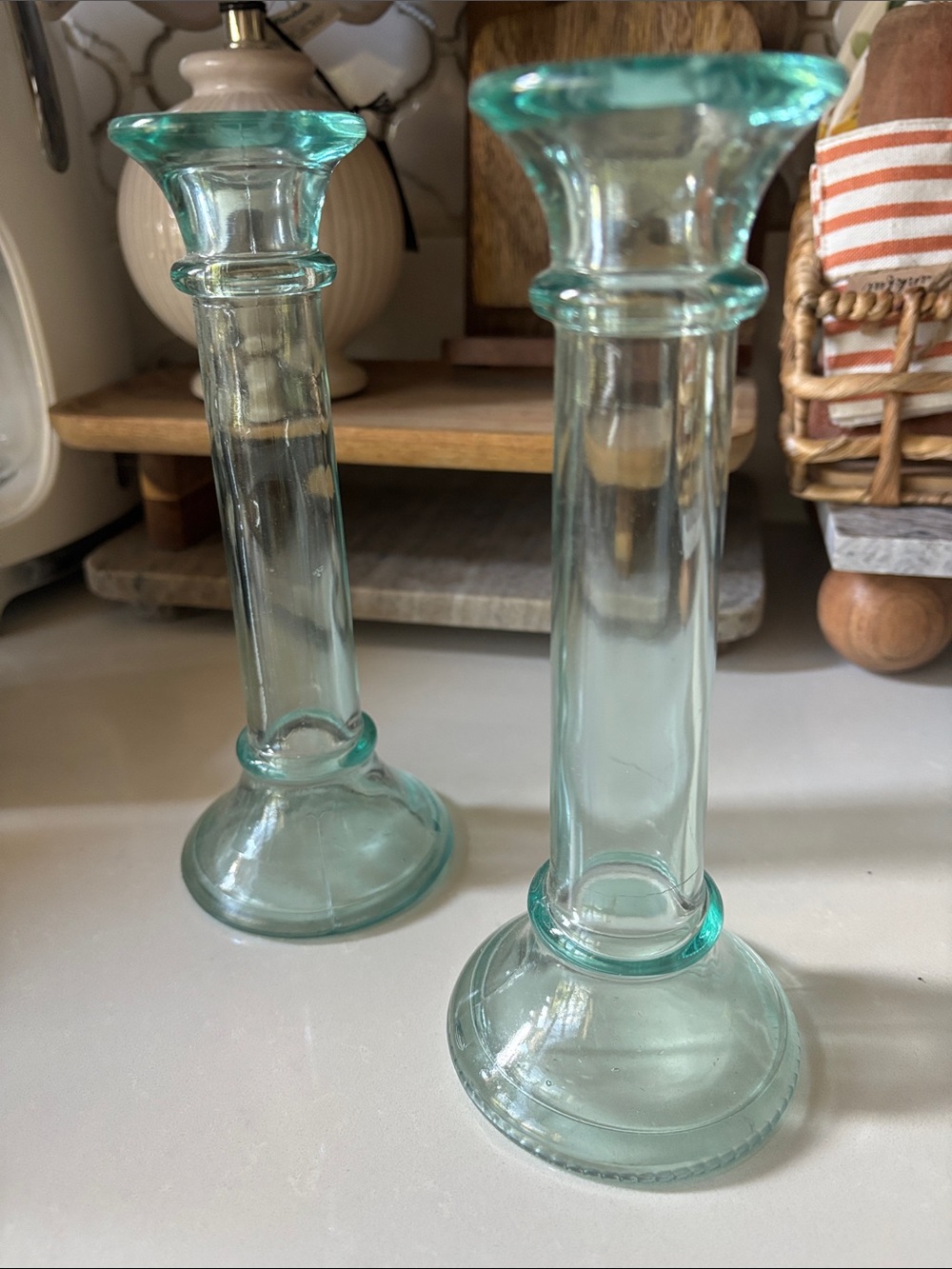 ❤️… Pottery Barn Aqua Glass Candle Holders - Set of 2
